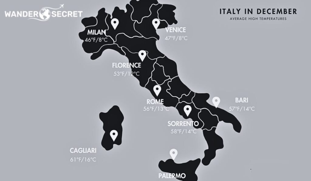 Map of Italy showing average high temperatures in December for major cities including Milan (46°F/8°C), Venice (47°F/8°C), Florence (53°F/12°C), Rome (56°F/13°C), Sorrento (58°F/14°C), Bari (57°F/14°C), Cagliari (61°F/16°C), and Palermo (61°F/16°C), with city markers on a dark map background.